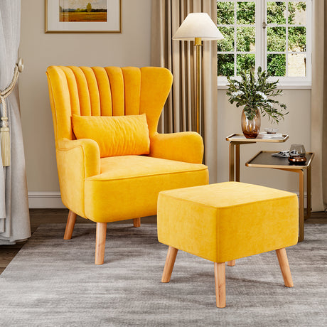 Suede Wingback Armchair with Footstool and Lumbar Pillow Yellow