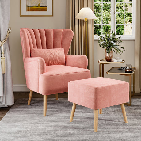Occasion Suede Wingback Armchair with Footstool and Pillow Pink
