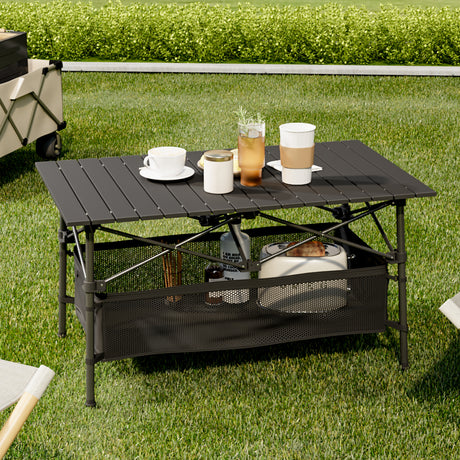 Black Aluminum Roll Top Foldable Camp Table with Mesh Shelf