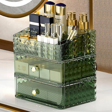 Green Double Tier Transparent Makeup Organizer with Drawer