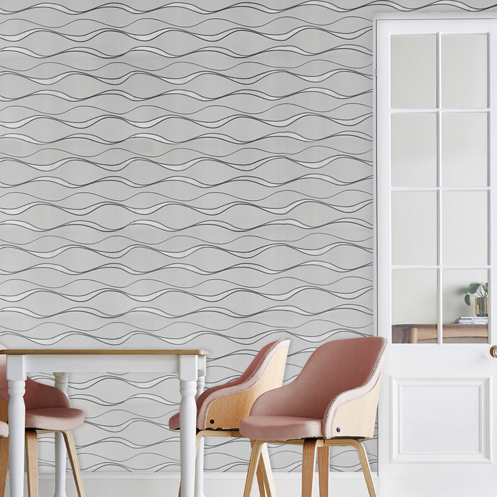 Grey Peel and Stick Wavy Striped Fabric Wallpaper