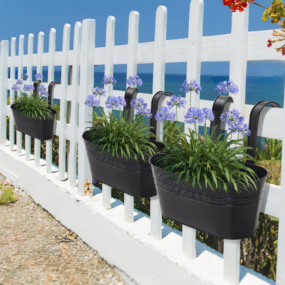 4 Pcs Oval Metal Planters with Dual Hooks for Fence Railing