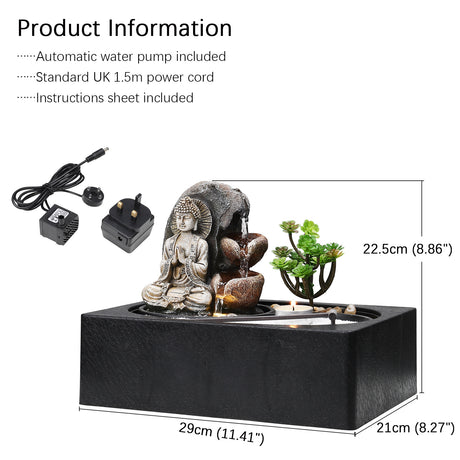 Buddha Zen Tabletop Fountain with LED Lights and Succulents