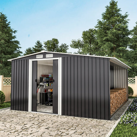 10ft x 8ft Metal Garden Tools Shed With Firewood Log Storage,Dark Grey