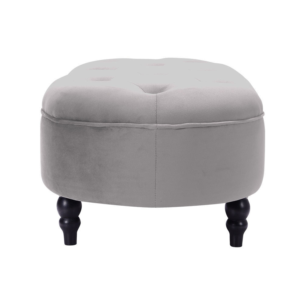 Oval Velvet Buttoned Footstool with Wood Legs, Grey