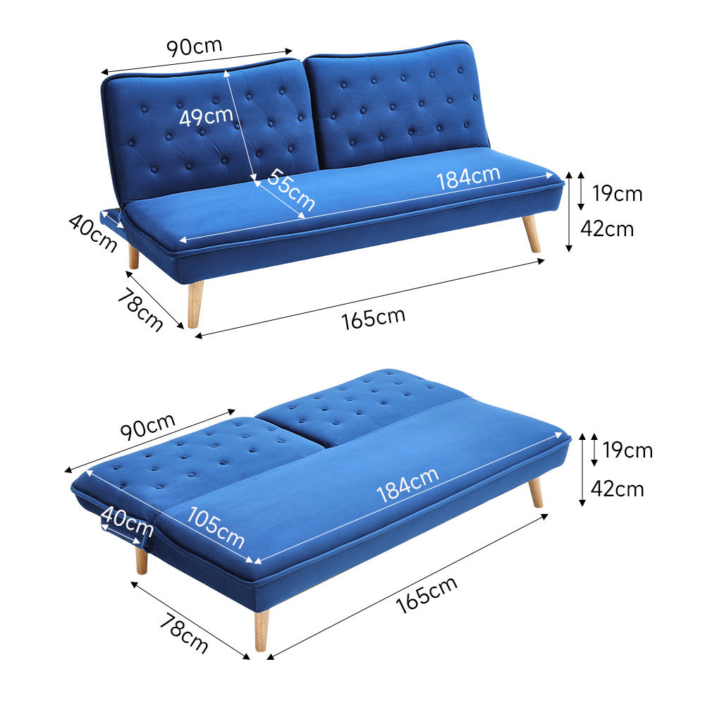 Blue Upholstered Convertible Sofa Bed with Wood Leg