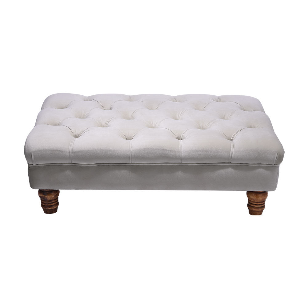 Velvet Buttoned Thick Padded Footstool with Wood Legs Grey