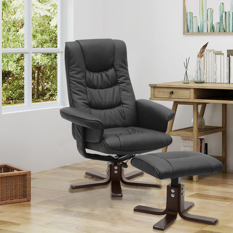 PU Leather Swivel Reclining Office Armchair with Footstool Black