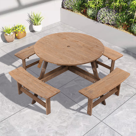 8 Person Round Wood Picnic Table and Bench Set