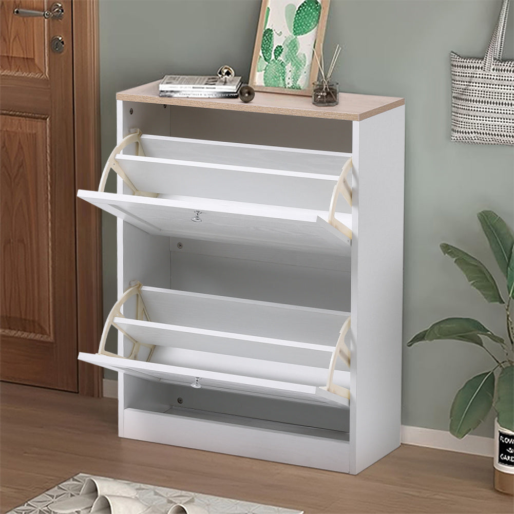 White Wooden 2 Drawer Flip Down Shoe Cabinet