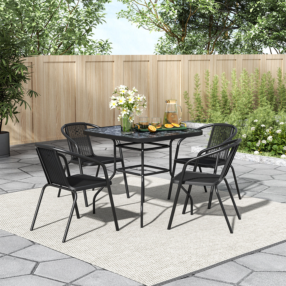 Black Square 80cm Garden Tempered Glass Marble Coffee Table with Four chairs