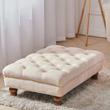 Velvet Buttoned Thick Padded Footstool with Wood Legs Beige