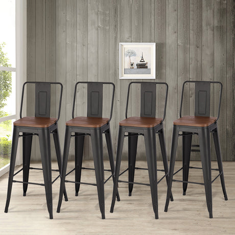 Set of 4 Metal Frame Tolix Industrial Bar Wood Top Chair with Footrest