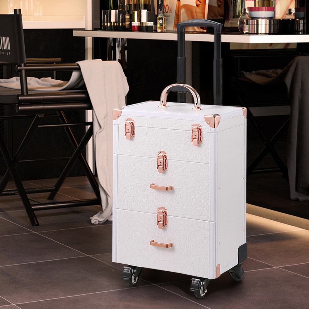 3in1 Cosmetic Trolley Case Beauty case Rolling Makeup Case on Wheels,White