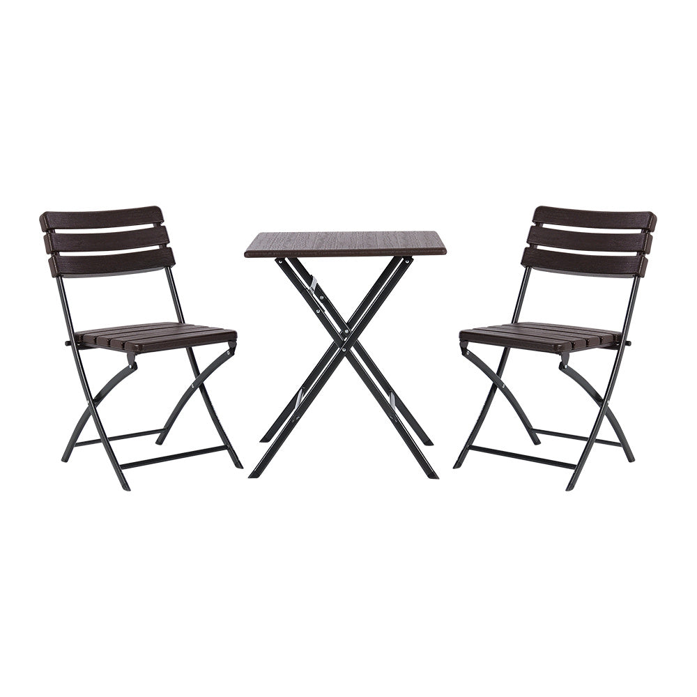 Brown Set of 3 Plastic Outdoor Folding Table and Chairs Set