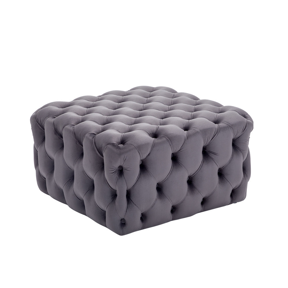 100CM Square Velvet Buttoned Footstool, Grey