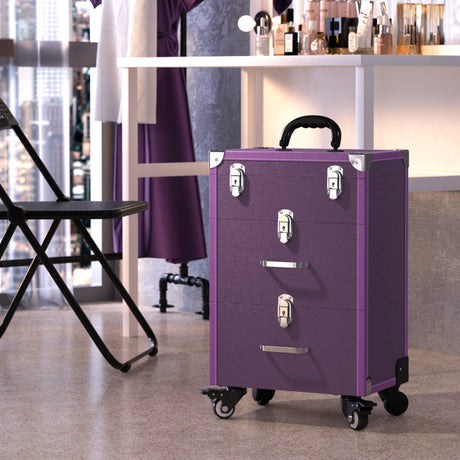Leather 2 Drawers Cosmetic Travel Case Beauty case on Wheels Purple