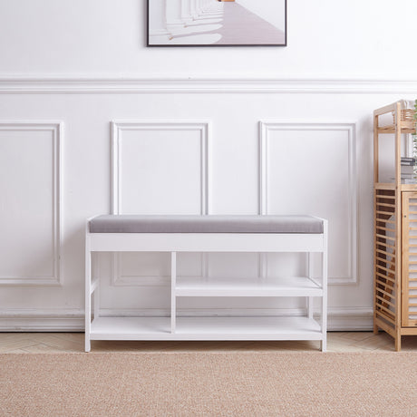 White Wood Shoe Storage Bench with Padded Seat