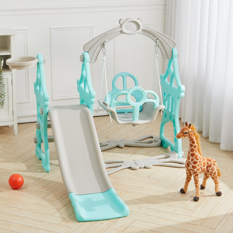 Green Indoor and Outdoor Swing and Slide Set for Kids