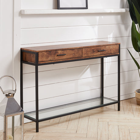 Rustic Brown Drawer Console with Glass Shelf