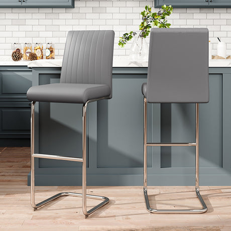 2 Pcs Grey PU Leather Bar Stools with Backrest for Pub Dining Room