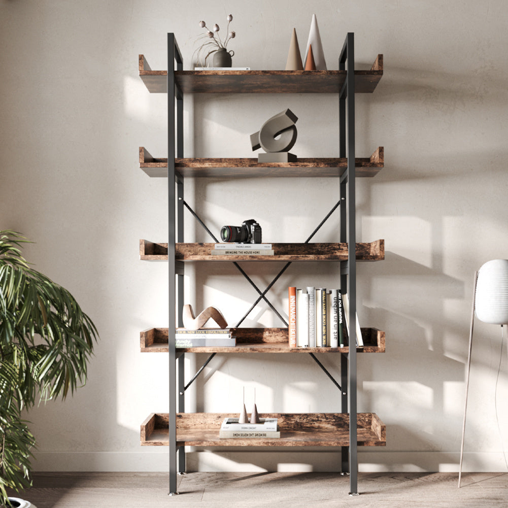 Brown 5 Tier Industrial Shelving Unit Bookcase Display Shelf