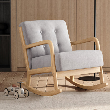 Grey Contemporary Linen Buttoned Rocking Chair