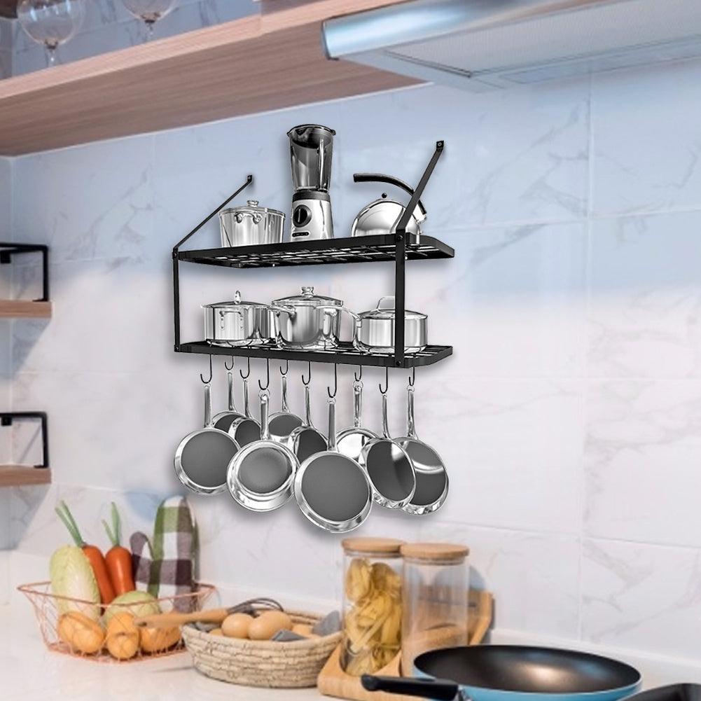 2 Tier Wall Mounted Kitchen Hanging Pot Rack with Hooks