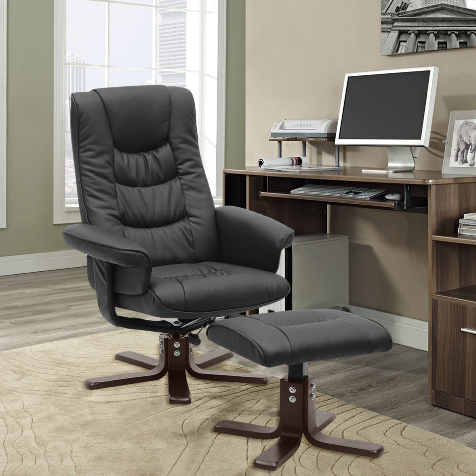 PU Leather Swivel Reclining Office Armchair with Footstool Black