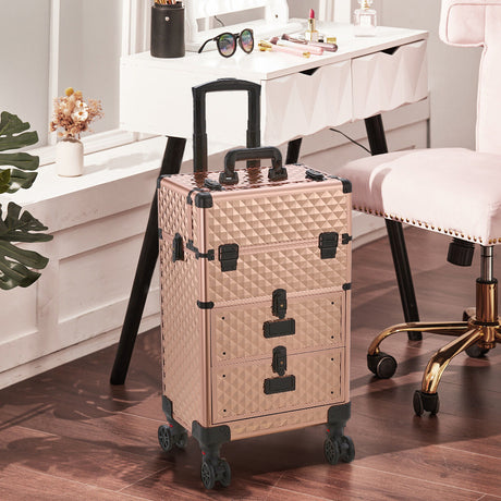 Aluminum 3 in 1 Cosmetic Trolley Case Beauty case on Wheels,Rose Gold