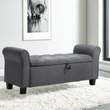 Linen Buttoned Storage Bench with Armrest, Dark Grey