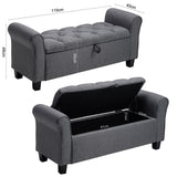 Linen Buttoned Storage Bench with Armrest, Dark Grey