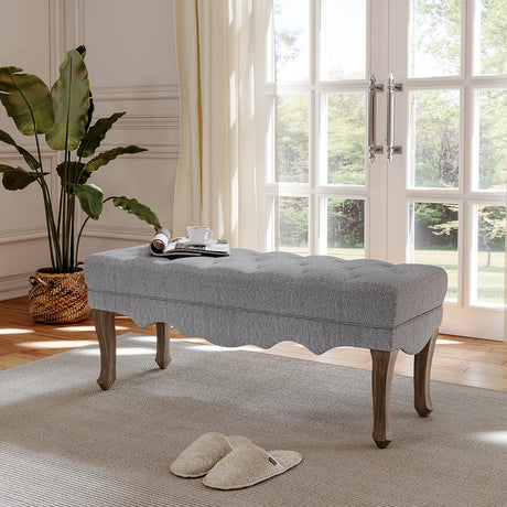 Grey Vintage Linen Bench with Rubberwood Legs