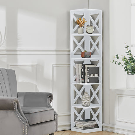 5 Tier Modern Wood Corner Standing Shelf for Living Room White