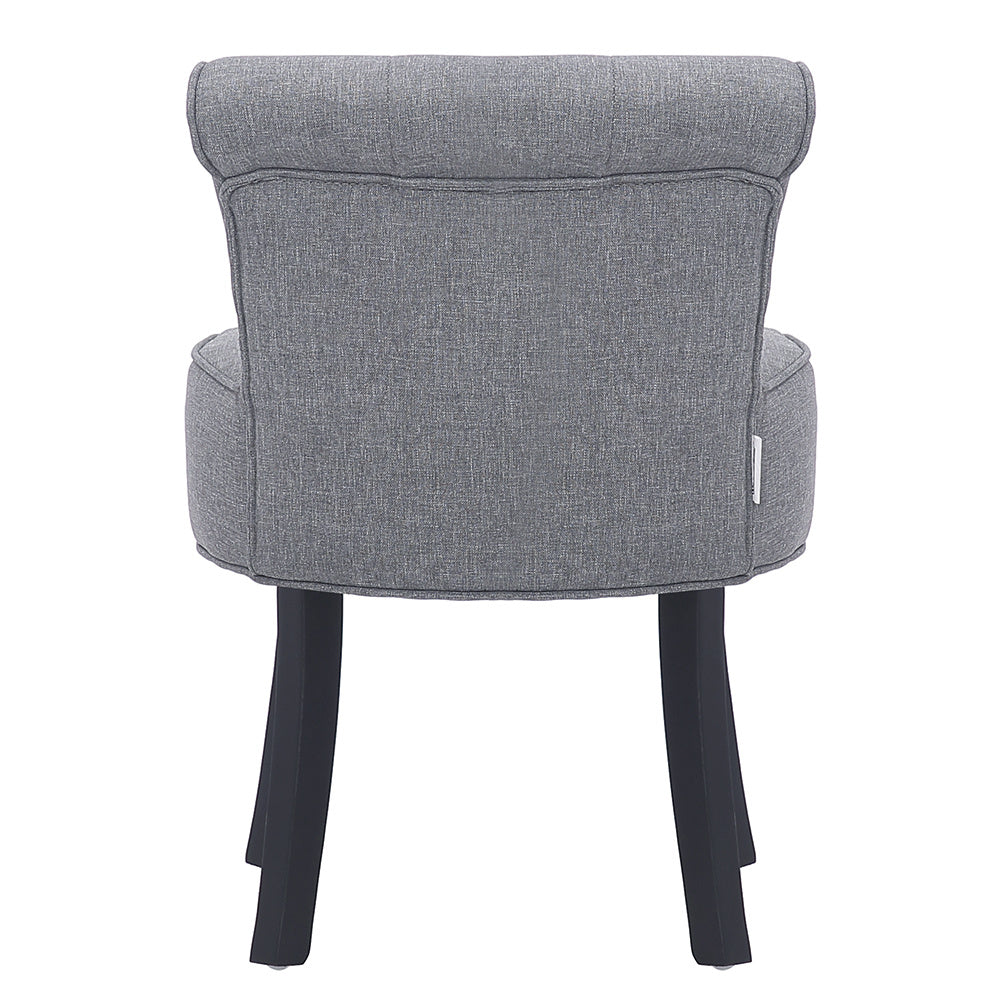 Linen Buttoned Vanity Stool Thick Padded Black Wooden Legs, Light Grey