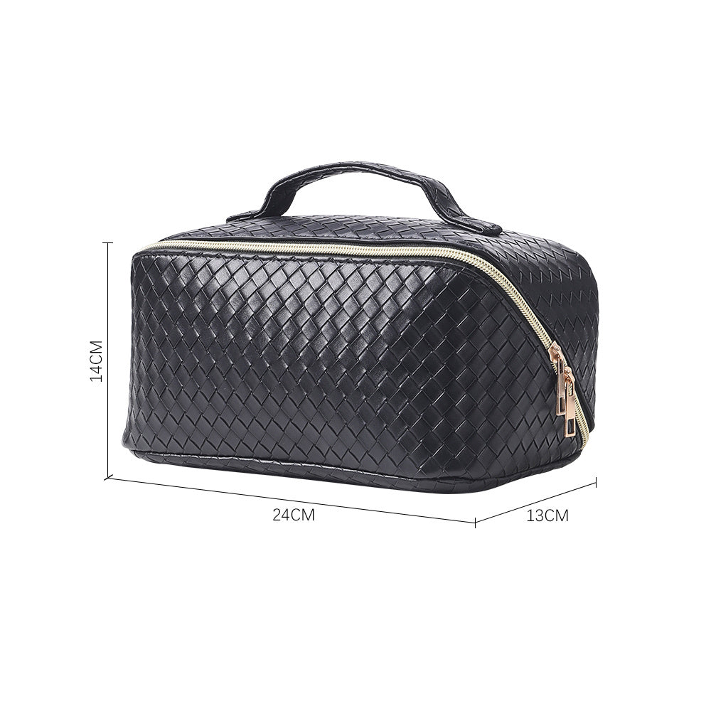 Black Leather Portable Travel Toiletries Makeup Bag