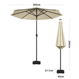 3M Large Garden LED Parasol Outdoor Beach Umbrella with Light Sun Shade Crank Tilt with Square Base, Beige