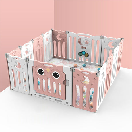 Kids Child Playpen Foldable Safety Gate Fence with Lock Pink 14 Panels