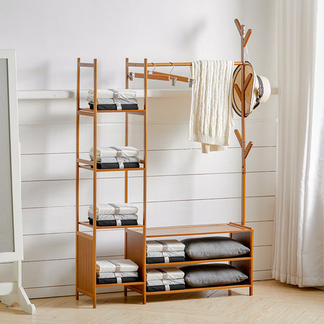 Freestanding Bamboo Clothes Rack with Storage Shelves 139CM