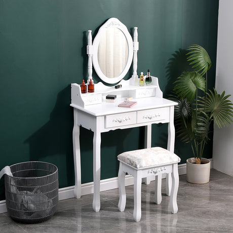 White 4 Drawers Dressing Table with Mirror and Stool Set