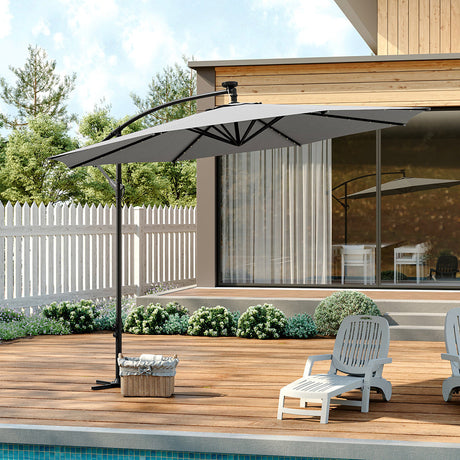 3M Large Garden Hanging LED Parasol Cantilever Sun Shade Banana Umbrella No Base, Light Grey