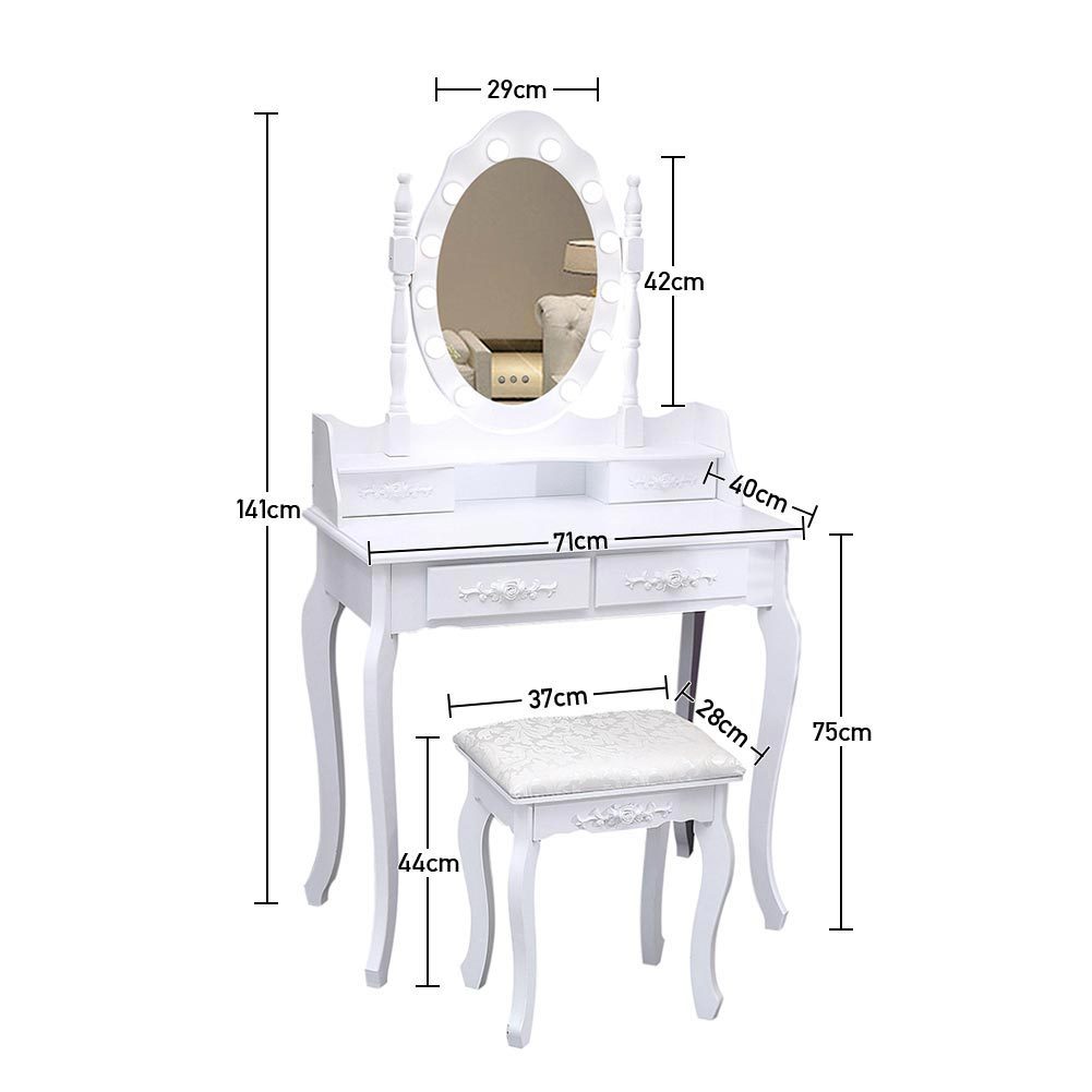 Makeup Dressing Table Stool Set with 4 Drawers and Light Mirror