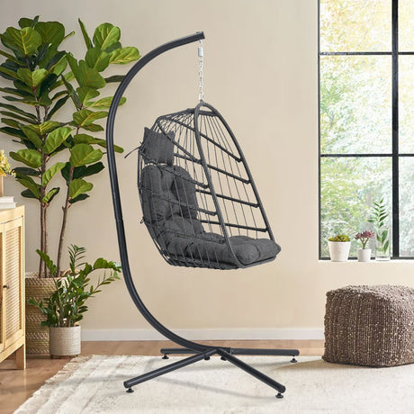 Hanging Egg Shaped Rattan Swing Chair with Stand and Cushion