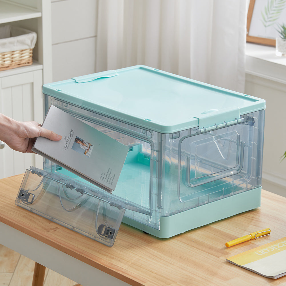 Blue Transparent Folding Plastic Storage Box with Wheels