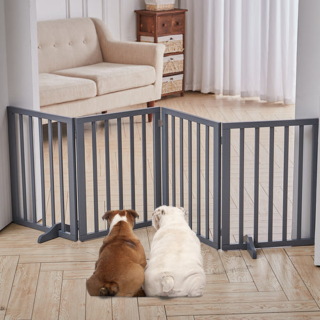 Foldable Wood Pet Free Standing Indoor Gate Grey 4 Panels