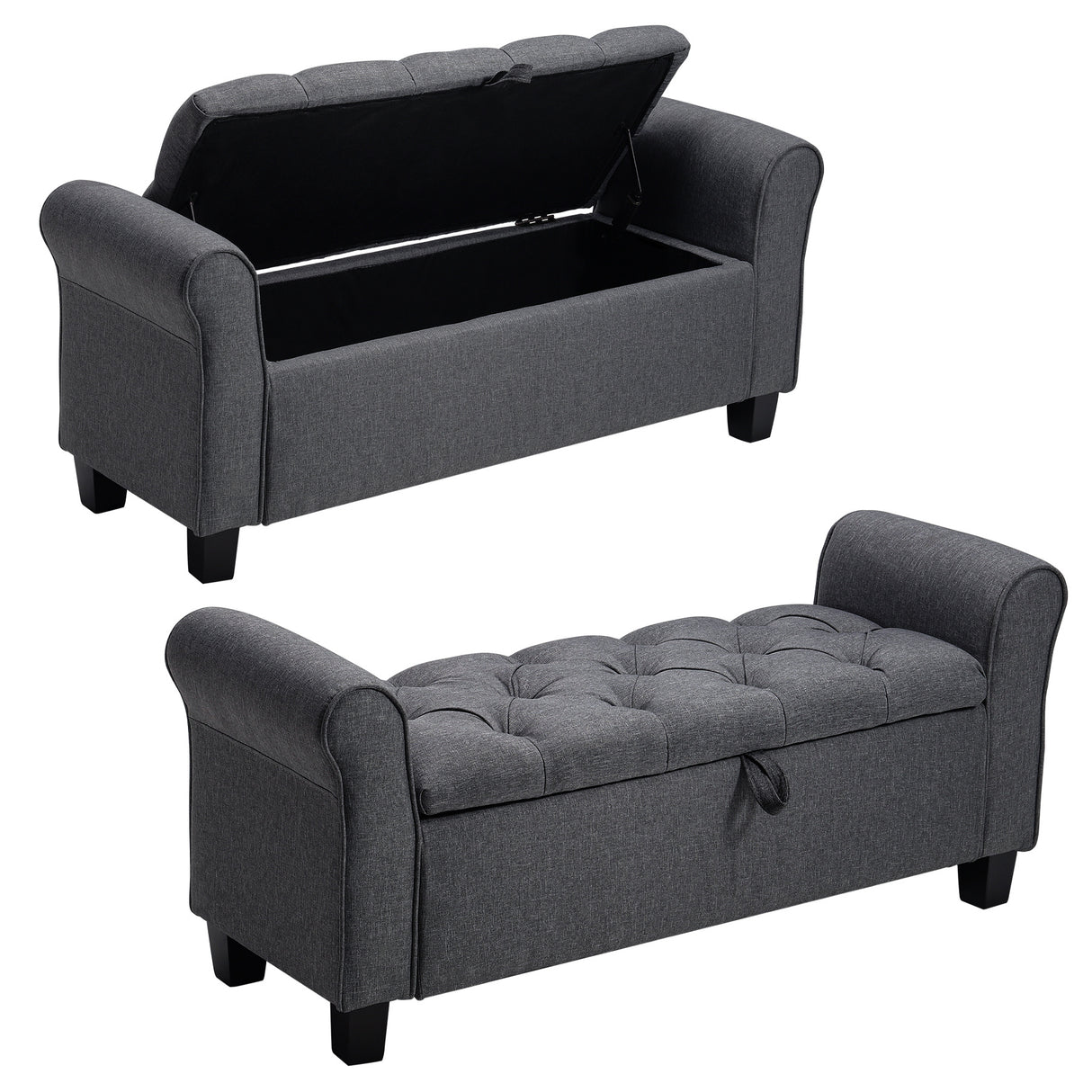 Linen Buttoned Storage Bench with Armrest, Dark Grey