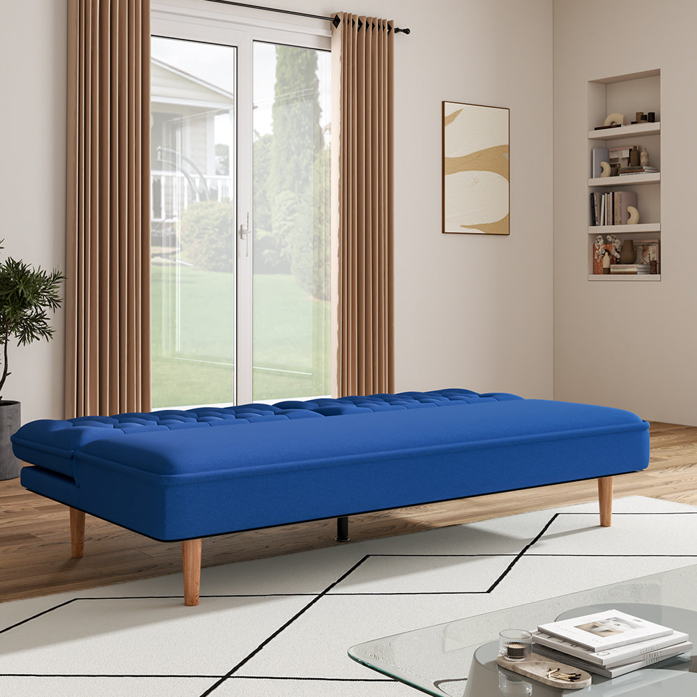 Blue Upholstered Convertible Sofa Bed with Wood Leg