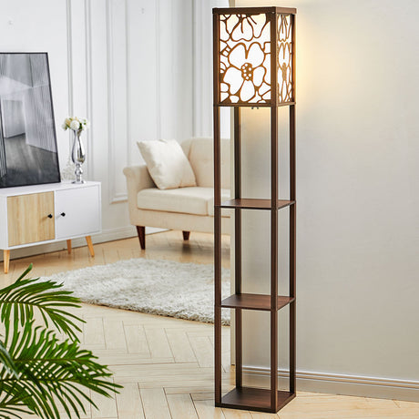 3 in 1 Wooden and Linen Floor Lamp with Shelves,Walnut Flower