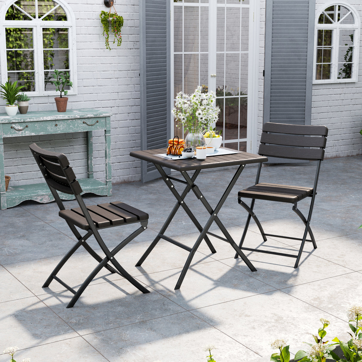 Brown Set of 3 Plastic Outdoor Folding Table and Chairs Set