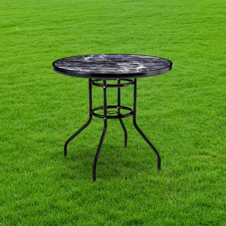 Black Round Garden Tempered Glass Marble Coffee Table